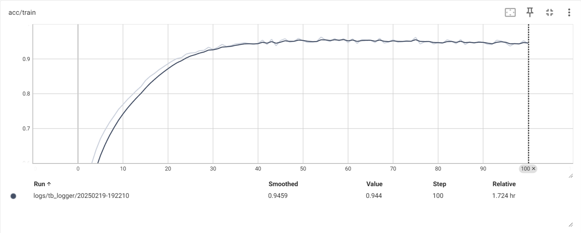 模型在100个训练周期内的准确率变化情况（在训练集上）